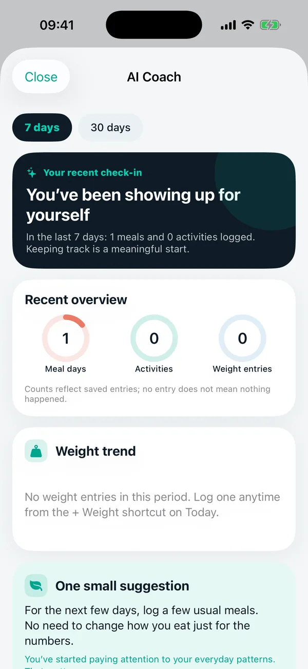 Coach screen with a weekly check-in