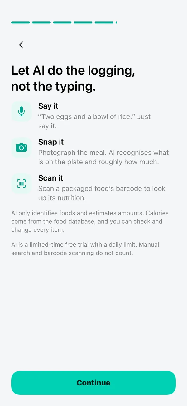 Onboarding screen introducing say it, snap it and scan it