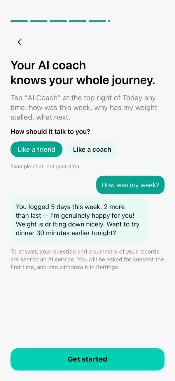 Onboarding screen introducing the AI coach with an example chat