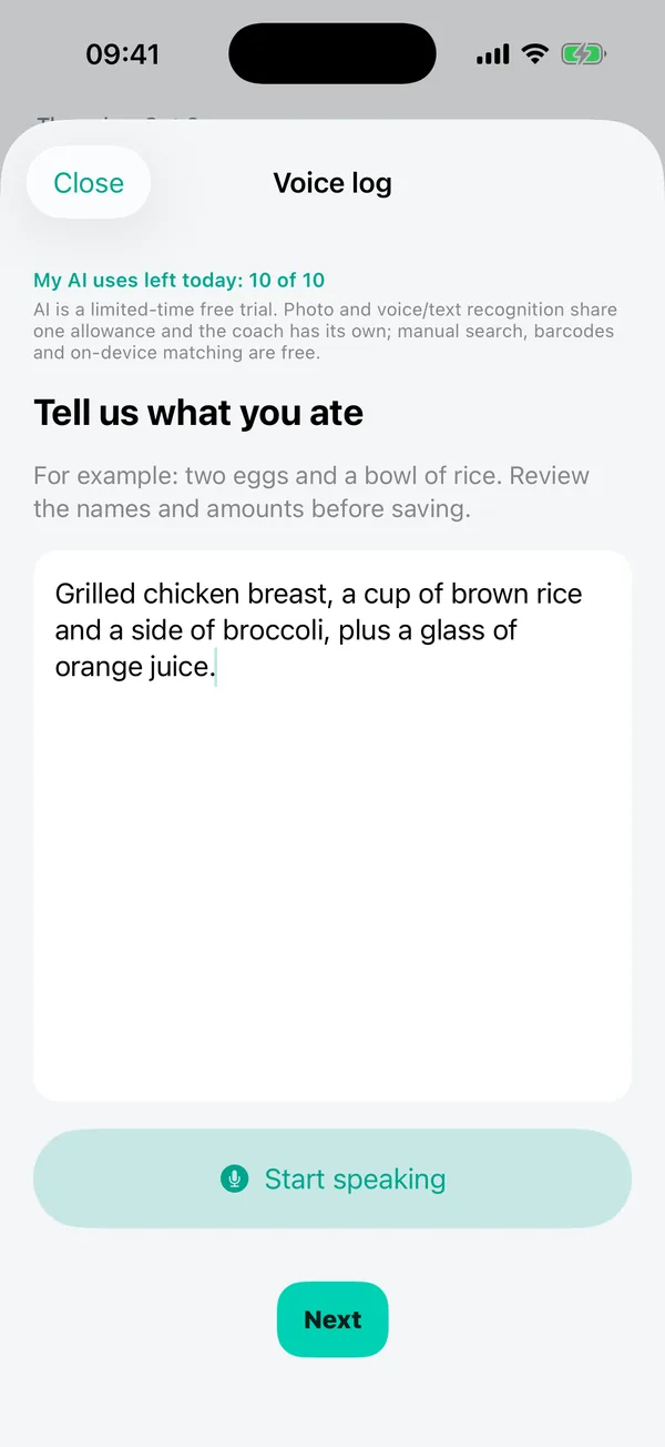 Voice log screen with a typed sentence about a meal