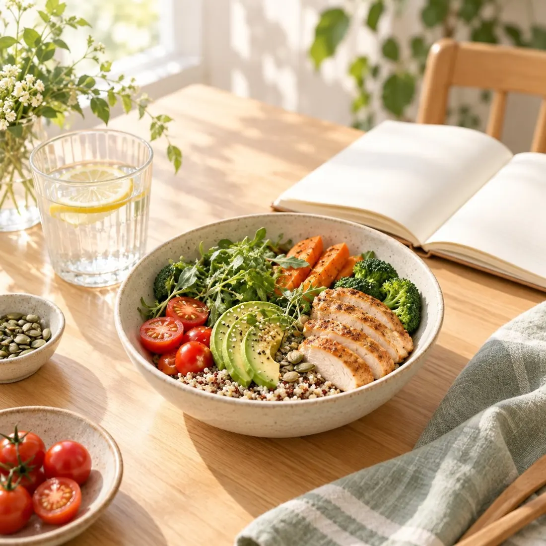 AI-generated illustration of a bowl of chicken, quinoa, avocado and vegetables on a sunny table