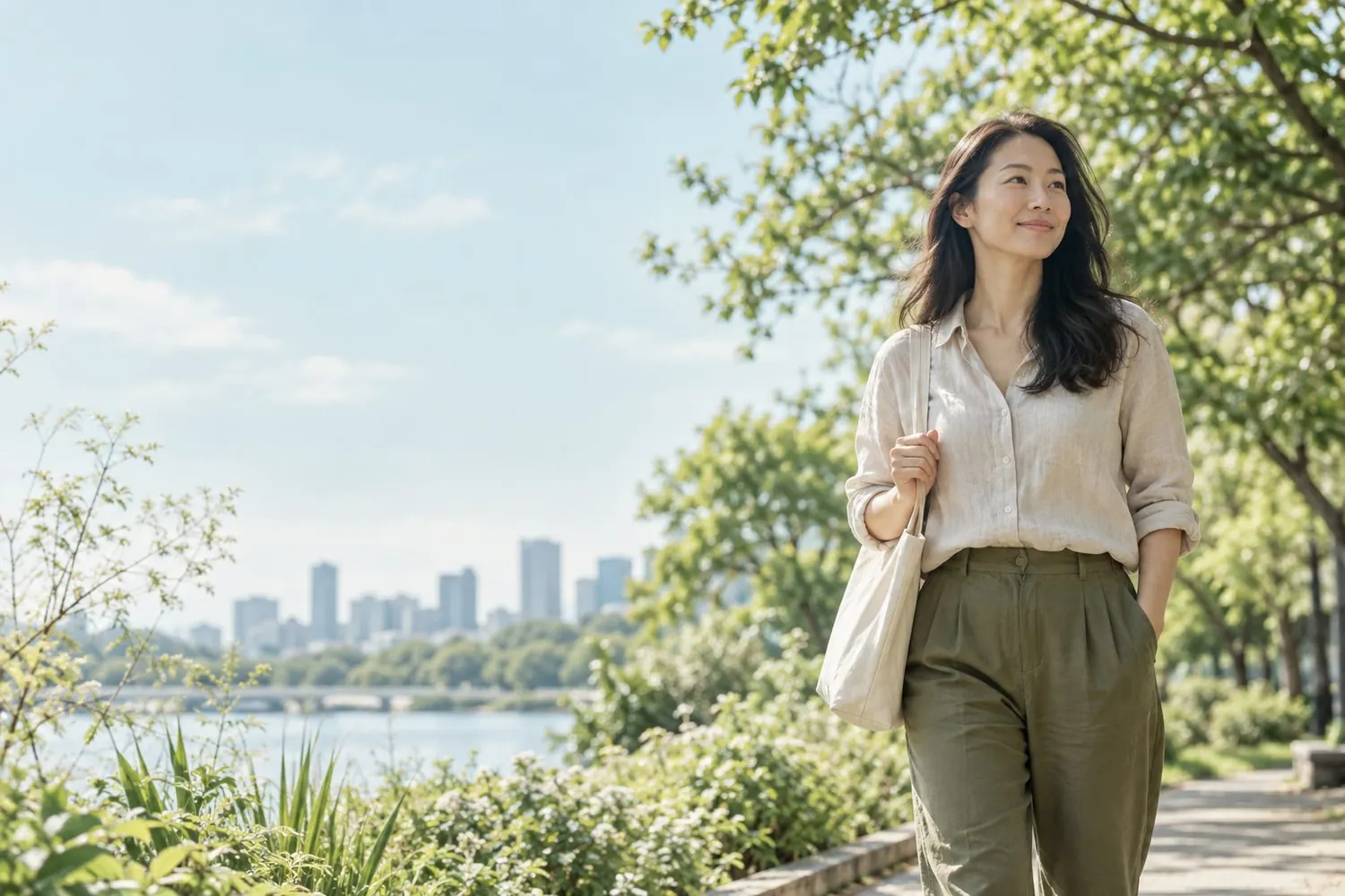 AI-generated illustration of a woman walking along a riverside path